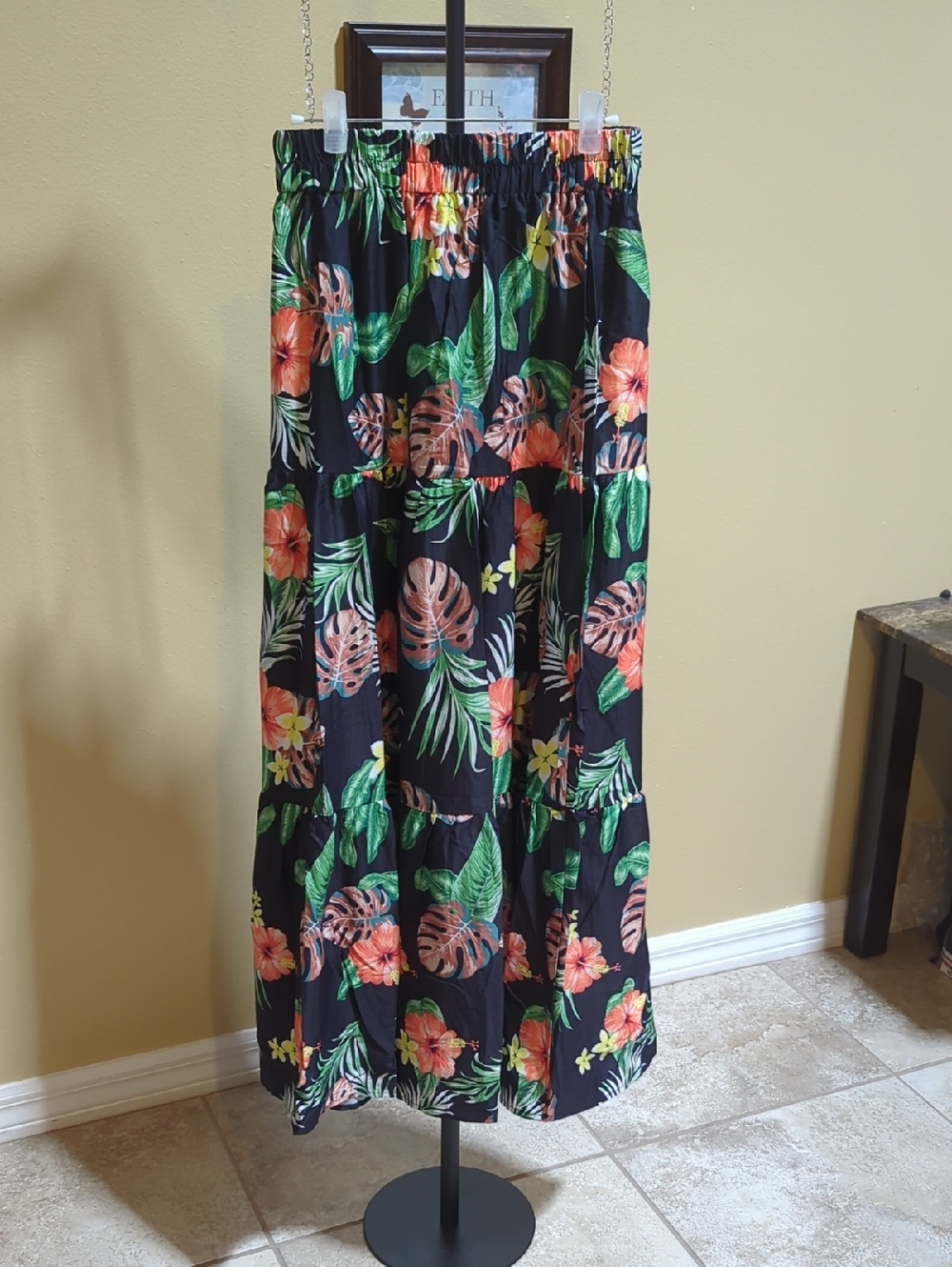 Black Floral Tropical Maxi Skirt with Elastic Waist